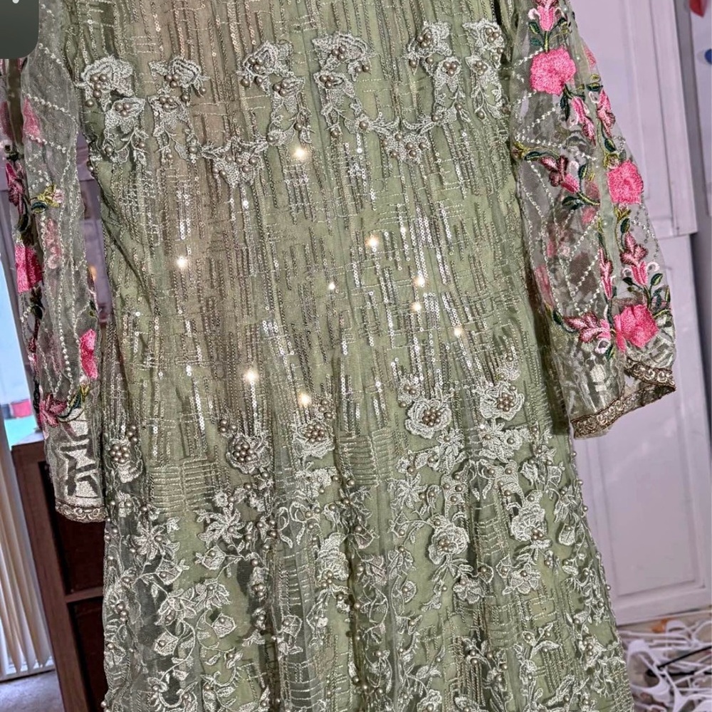 Sage Green Beaded Embellished Dress 3 PCs salwar kameej
